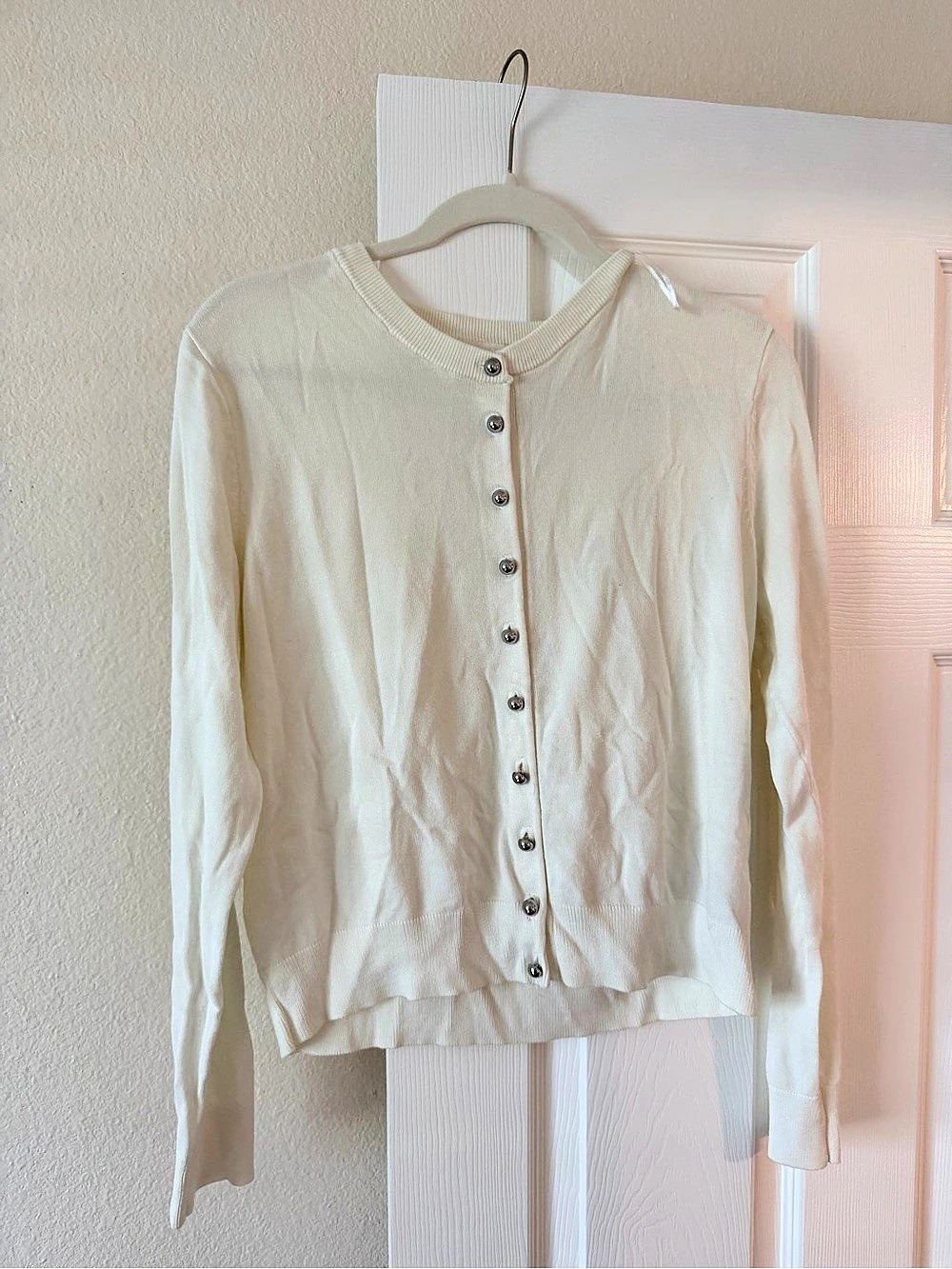 H&M Cotton Crew Neck Cardigan in White Size large
